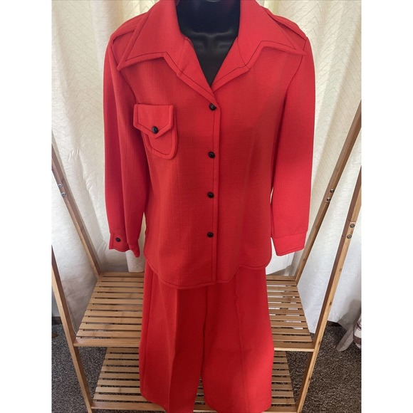 Vintage 1960’s 1970’s Red Collared Wide Leg Pant‎ Suit Large Size 14 Stretchy - Picture 1 of 9
